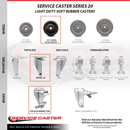 Service Caster 3.5 Inch Soft Rubber Wheel Swivel Top Plate Caster Set with 2 Brake 2 Rigid SCC SCC-20S3514-SRS-TLB-TP3-2-R-2